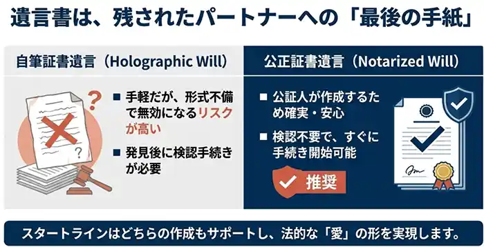 「遺言書は、残されたパートナーへの『最後の手紙』」という見出しの比較図。自筆証書遺言は「形式不備のリスク」と「検認手続きが必要」と説明。一方、公正証書遺言は「公証人が作成するため確実・安心」「検認不要ですぐに手続き開始可能」として推奨マークが付いている。下部に、どちらの作成もサポートする「スタートライン」のメッセージ。