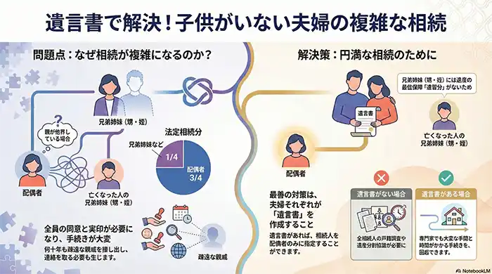 遺言書で解決! 子供がいない夫婦の複雑な相続　問題点:なぜ相続が複雑になるのか?亡くなった人の兄弟姉妹(甥・姪)全員の同意と実印が必要になり、手続きが大変。何十年も疎遠な親成を接し出し、 連絡を取る必要も生じます。　解決策:円満な相続のために　最善の対策は、夫婦それぞれが「遺言書」を作成すること。遺言書があれば、相続人を配偶者のみに指定することができます。