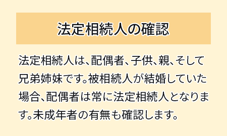 法定相続人の確認　法定相続人は、配偶者、子供、親、そして兄弟姉妹です。被相続人が結婚していた場合、配偶者は常に法定相続人となります。未成年者の有無も確認します。