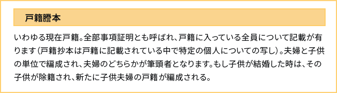 戸籍謄本　いわゆる現在戸籍。全部事項証明とも呼ばれ、戸籍に入っている全員について記載が有ります（戸籍抄本は戸籍に記載されている中で特定の個人についての写し）。夫婦と子供の単位で編成され、夫婦のどちらかが筆頭者となります。もし子供が結婚した時は、その子供が除籍され、新たに子供夫婦の戸籍が編成される。